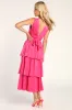 Peak Party Vibe Hot Pink Satin Tiered Tie-Back Midi Dress sold by Lulus