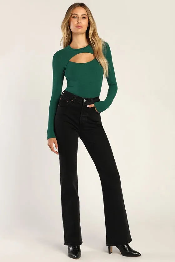 Flirty Little Secret Emerald Green Ribbed Cutout Long Sleeve Top sold by Lulus product image thumbnail 2