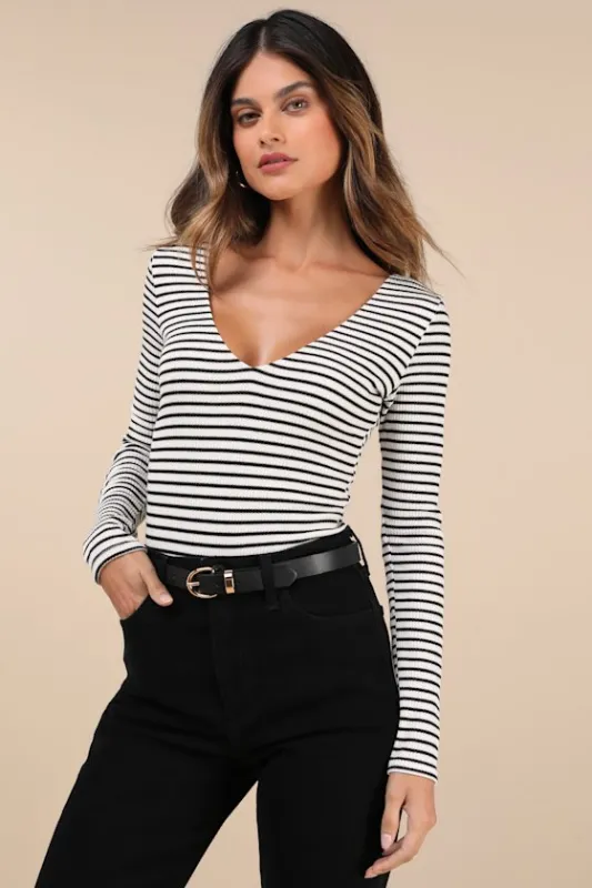 Easygoing Chic Ivory and Black Striped Long Sleeve Bodysuit sold by Lulus