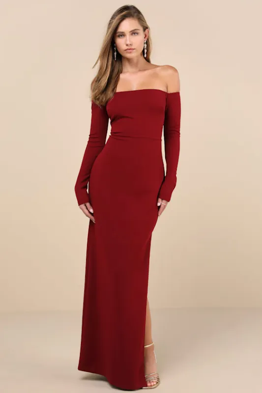 Stunning Excellence Burgundy Off-the-Shoulder Maxi Dress sold by Lulus