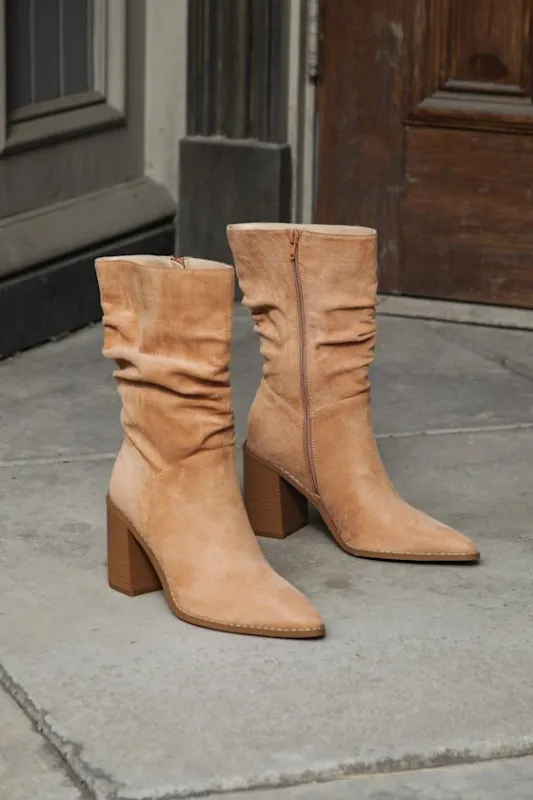 Penelopie Light Nude Suede Pointed-Toe Mid-Calf Boots sold by Lulus