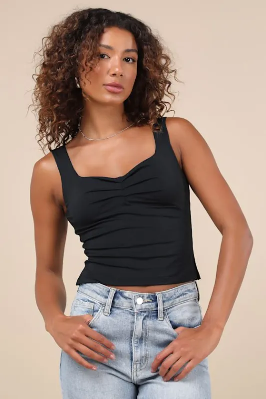 Covetable Simplicity Black Ruched Knit Tank Top sold by Lulus