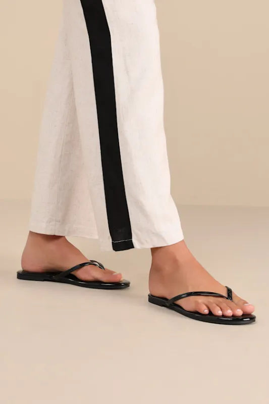 BeachBae Black Patent Flat Thong Sandals sold by Lulus