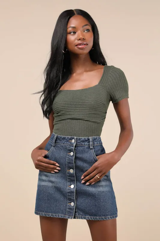 Quintessential Muse Olive Green Ribbed Short Sleeve Top sold by Lulus