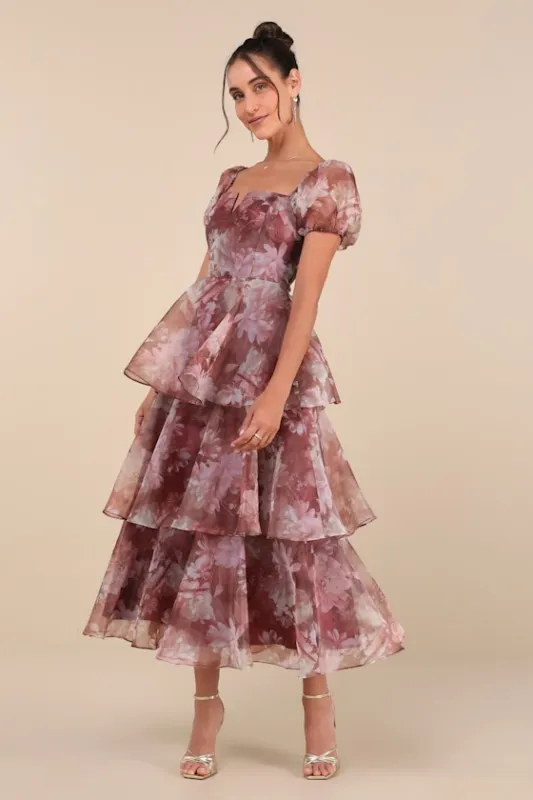 Darling Vision Rust Floral Organza Puff Sleeve Tiered Midi Dress sold by Lulus