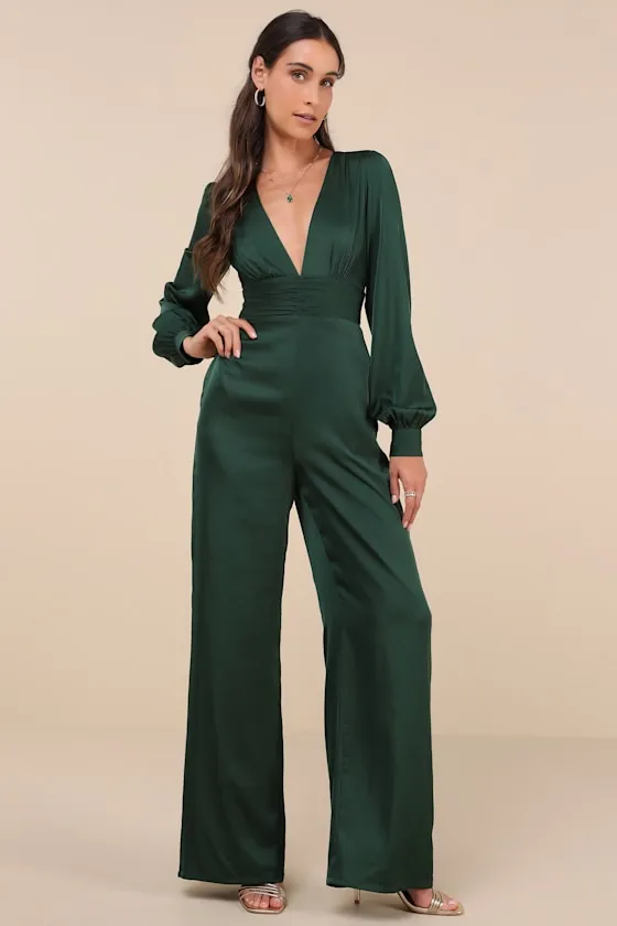 Unbelievable Chicness Green Satin Long Sleeve Wide-Leg Jumpsuit sold by Lulus