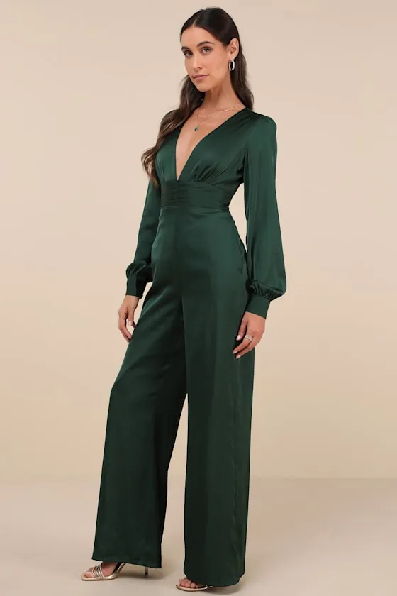 Unbelievable Chicness Green Satin Long Sleeve Wide-Leg Jumpsuit sold by Lulus product image thumbnail 2
