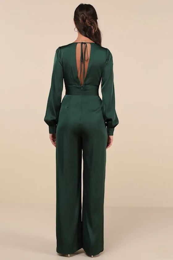 Unbelievable Chicness Green Satin Long Sleeve Wide-Leg Jumpsuit sold by Lulus product image thumbnail 3