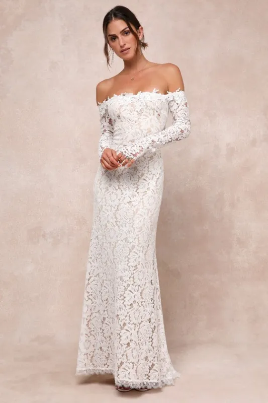 Romance Dreamer White Lace Off-the-Shoulder Maxi Dress sold by Lulus