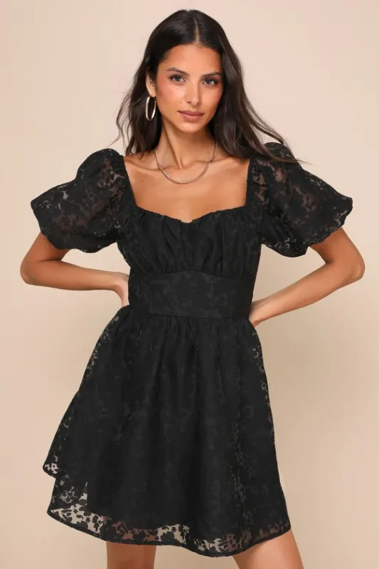 Sweetest Effect Black Floral Burnout Puff Sleeve Mini Dress sold by Lulus