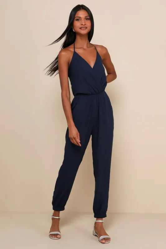Learning to Fly Navy Blue Halter Jumpsuit sold by Lulus