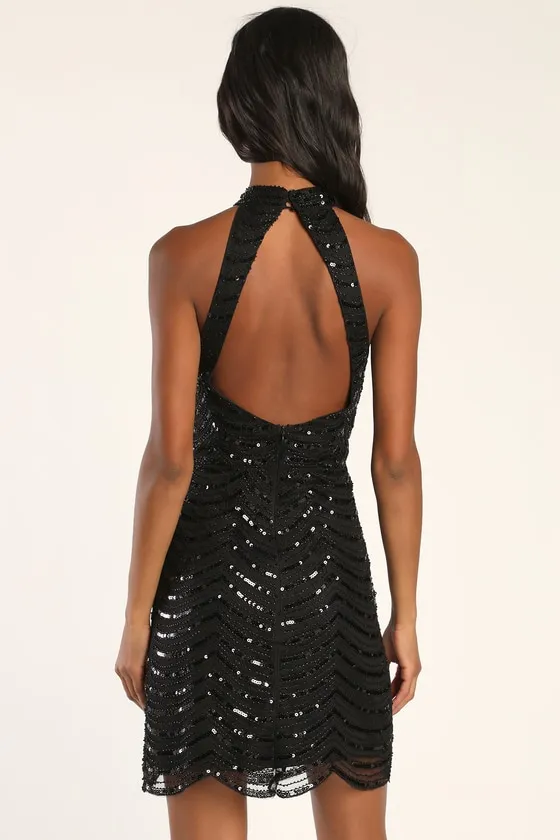 Glowing Entrance Black Sequin Sleeveless Halter Mini Dress sold by Lulus product image thumbnail 4