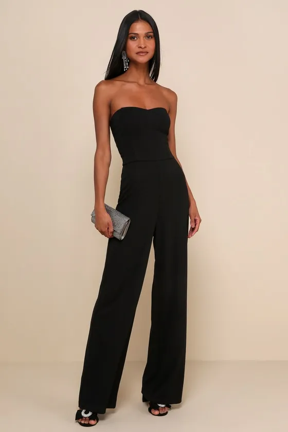 Edith Black Strapless Wide-Leg Jumpsuit sold by Lulus