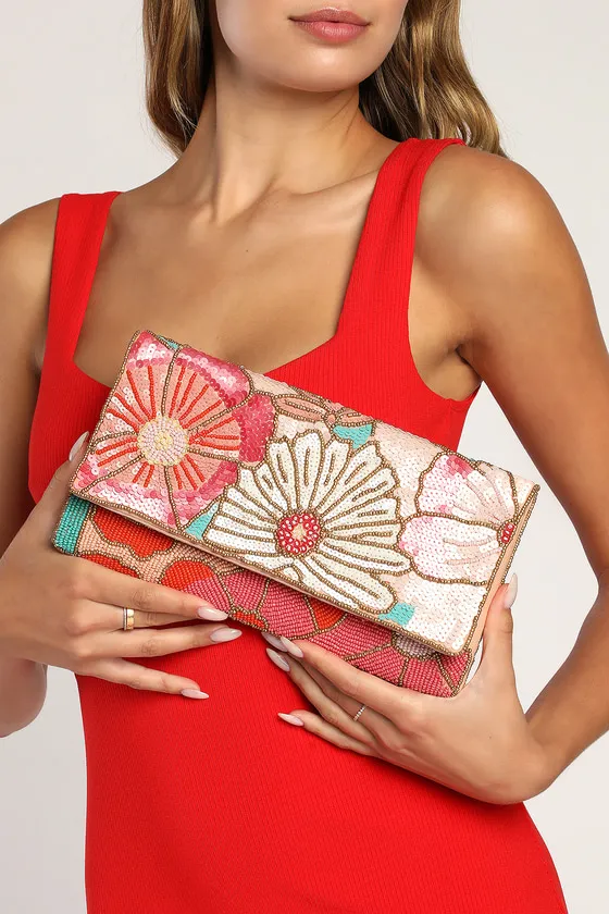 Bead Beautiful Pink Multi Floral Beaded Clutch sold by Lulus