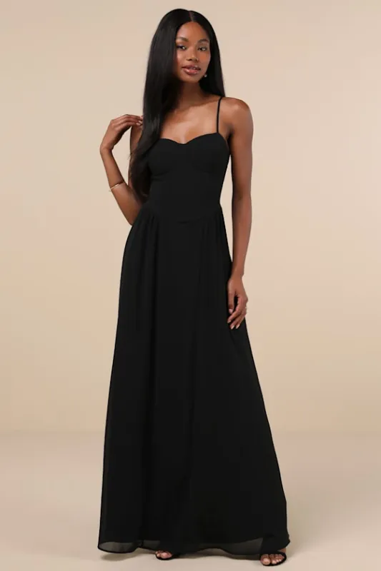 Exuding Excellence Black Sleeveless Bustier Maxi Dress sold by Lulus