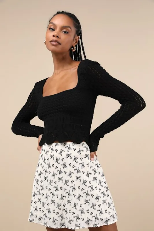 Lucky Cutie Black Crochet Long Sleeve Sweater Top sold by Lulus