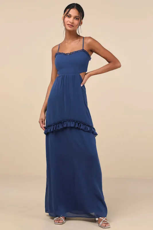 Pronounced Perfection Dark Blue Cutout Tie-Back Maxi Dress sold by Lulus