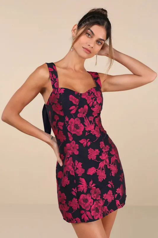 Lovely Intuition Navy and Magenta Jacquard Tie-Strap Mini Dress sold by Lulus