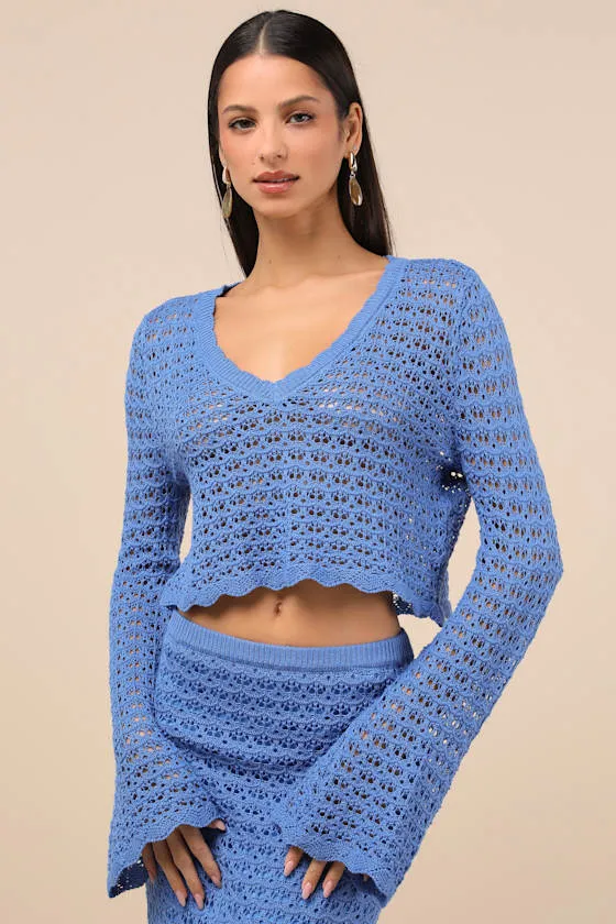 Serene Aesthetic Blue Crochet Knit Sweater Crop Top sold by Lulus