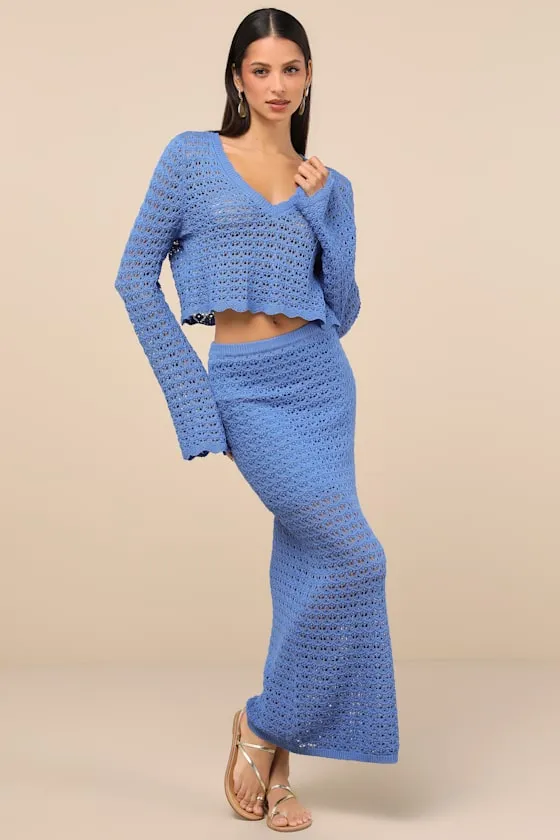 Serene Aesthetic Blue Crochet Knit Sweater Crop Top sold by Lulus product image thumbnail 3