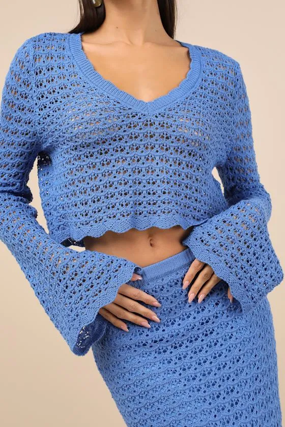 Serene Aesthetic Blue Crochet Knit Sweater Crop Top sold by Lulus product image thumbnail 4