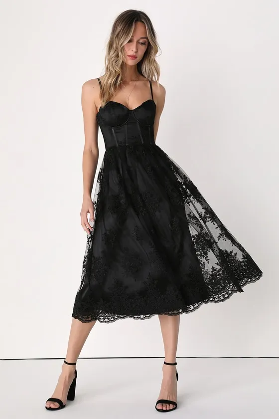 My Darling Daydreamer Black Lace Bustier Midi Dress sold by Lulus