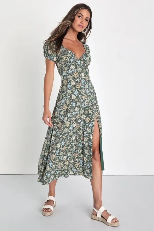 Meadow Muse Green Floral Tie-Back Puff Sleeve Midi Dress sold by Lulus