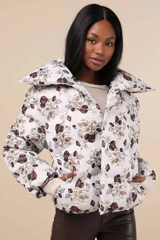 Seriously Comfy Light Grey Floral Jacquard Quilted Puffer Jacket made by Glamorous