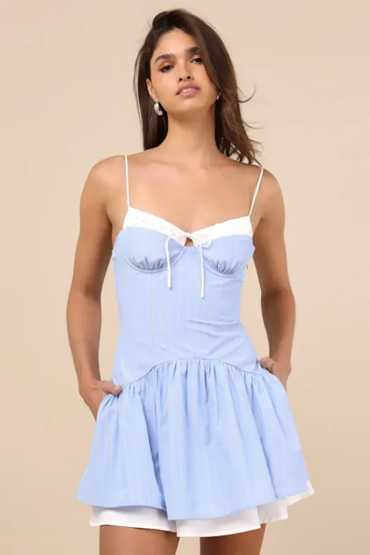 Winslow Light Blue Pinstriped Bustier Mini Dress sold by Lulus