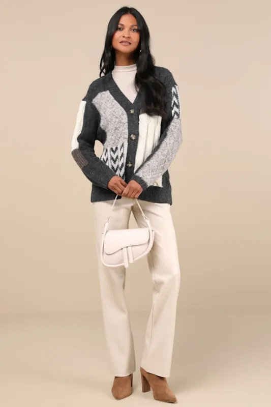 Marvelously Cozy Grey Multi Patchwork Cardigan Sweater sold by Lulus