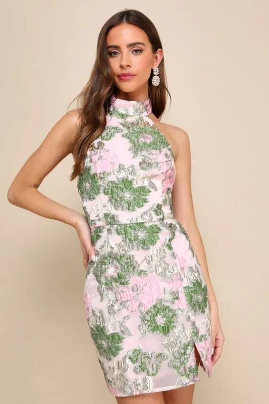Extraordinary Impression Pink Floral Jacquard Halter Mini Dress sold by Lulus