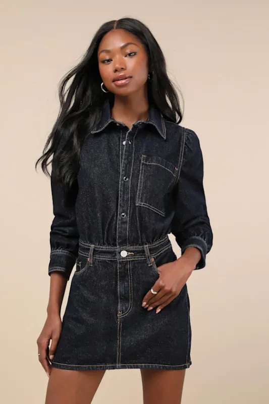 Perfectly Edgy Dark Wash Denim Collared Button-Front Mini Dress sold by Lulus