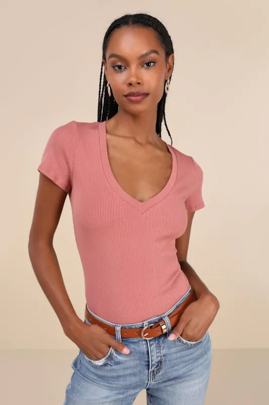 Versatile Pick Rusty Rose Ribbed Knit Short Sleeve Bodysuit sold by Lulus