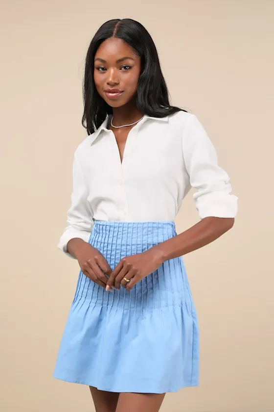 Exceptional Sweetie Blue Pintuck High-Rise Mini Skirt sold by Lulus