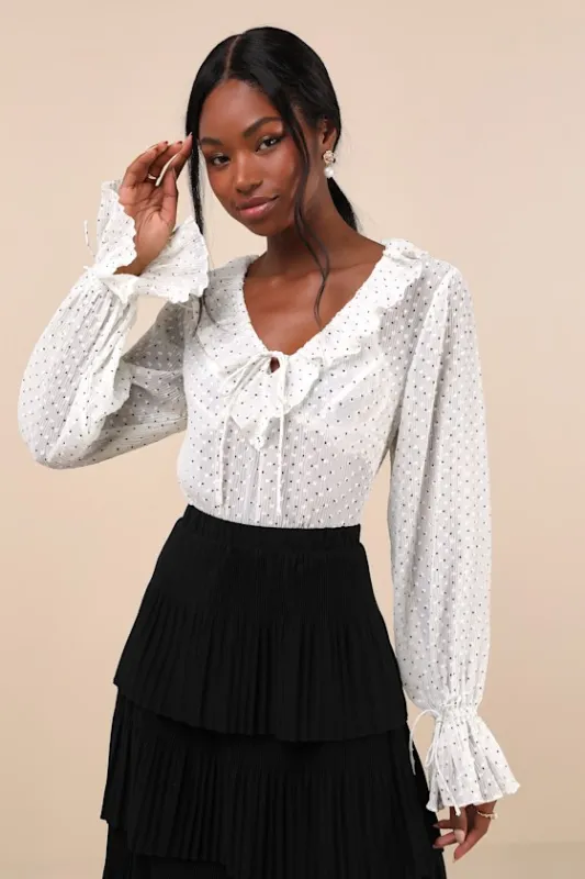 Whimsical Sweetie Ivory Polka Dot Sheer Plisse Ruffled Top sold by Lulus