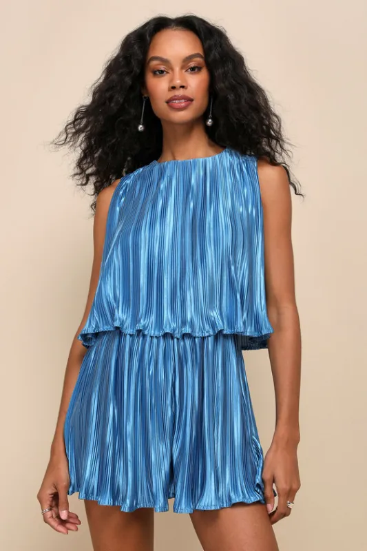 Chic Lavishness Blue Satin Plisse Sleeveless Romper sold by Lulus
