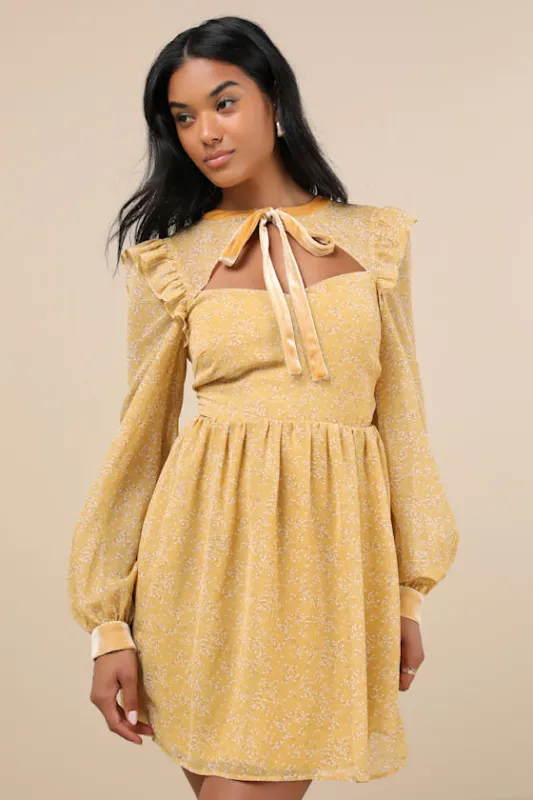Posh Impression Yellow Floral Print Tie Neck Mini Dress sold by Lulus