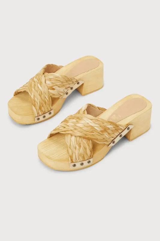 Warm Waters Natural Raffia Wooden Platform Slide Sandals sold by Lulus