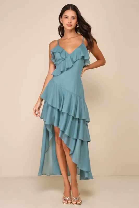 Gorgeous Pose Teal Asymmetrical Ruffled High-Low Midi Dress sold by Lulus