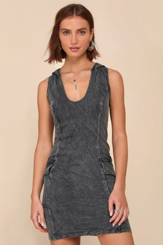 Edgy Cuteness Washed Black Hooded Cargo Mini Dress with Pockets sold by Lulus