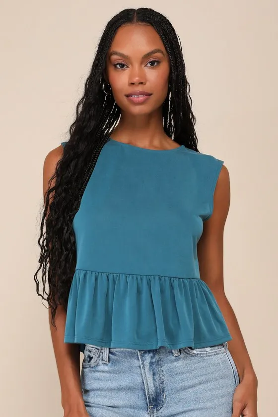 Charming Scene Teal Blue Crew Neck Sleeveless Peplum Top sold by Lulus