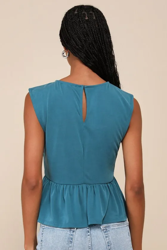 Charming Scene Teal Blue Crew Neck Sleeveless Peplum Top sold by Lulus product image thumbnail 3