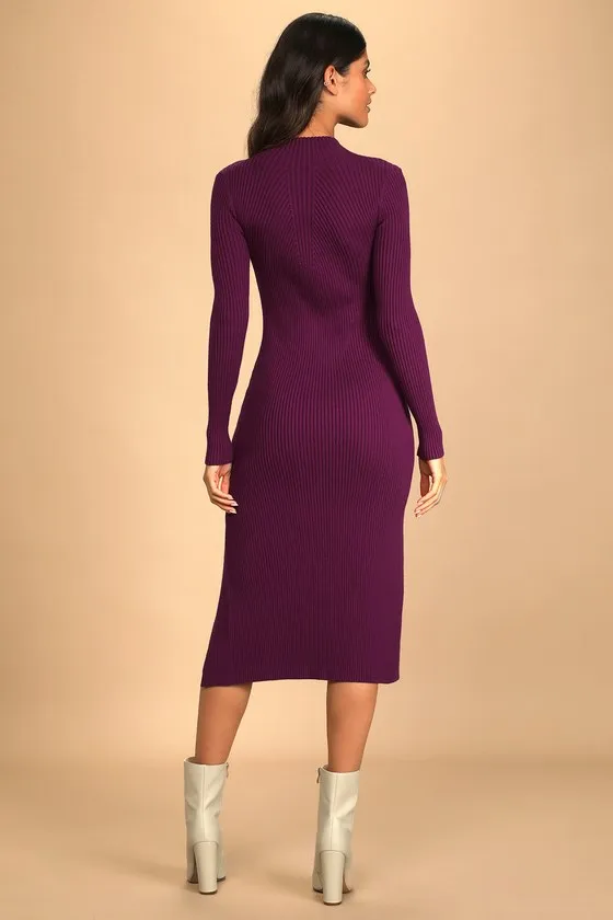 Wondrous Winter Plum Ribbed Long Sleeve Bodycon Sweater Dress sold by Lulus product image thumbnail 3