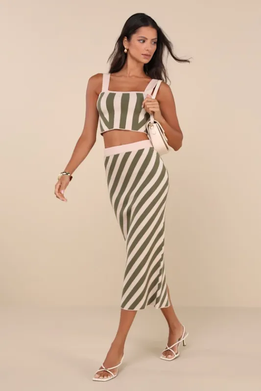 Trending Muse Beige and Green Striped Knit Two-Piece Midi Dress made by Lulus