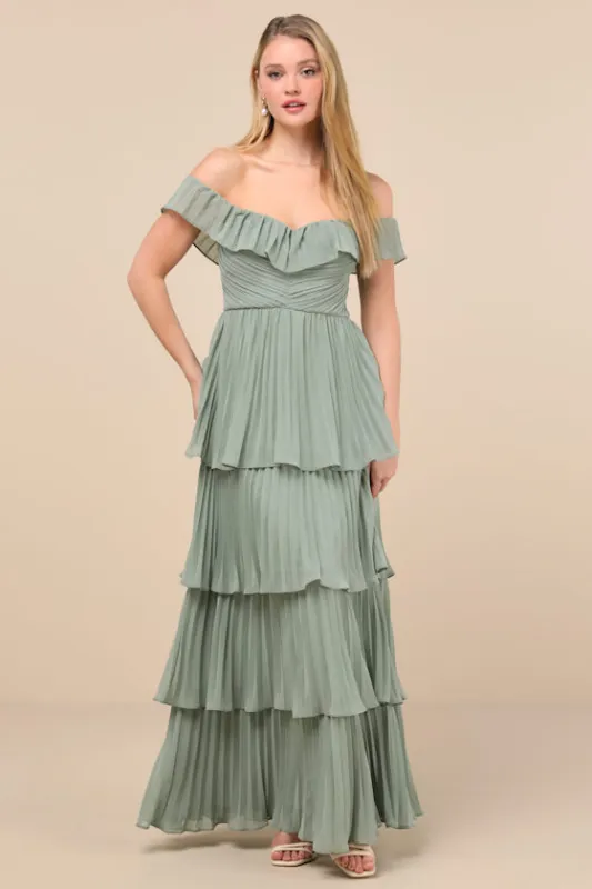 Always Remarkable Sage Brush Pleated Off-the-Shoulder Maxi Dress sold by Lulus