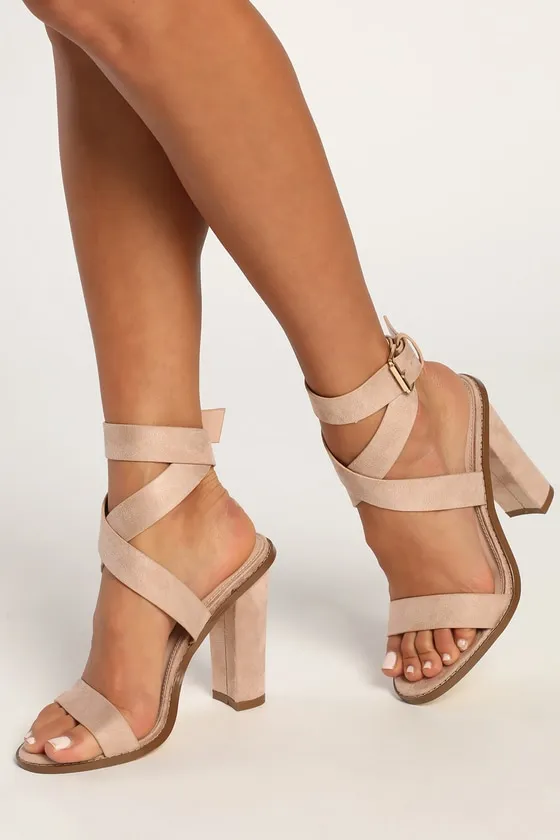 Shelbie Light Nude Suede Ankle Strap Heels sold by Lulus