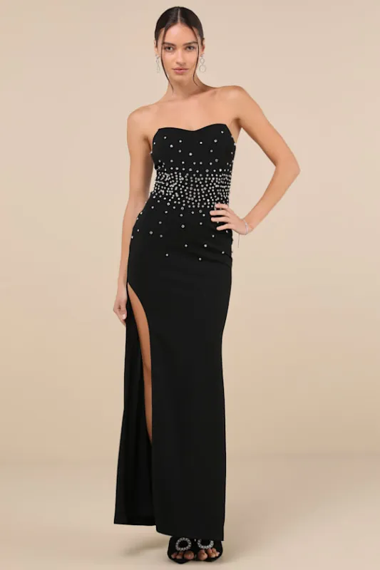 Opulent Muse Black Rhinestone Strapless Bustier Maxi Dress sold by Lulus