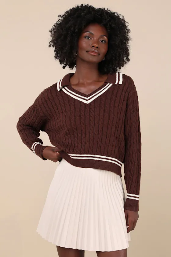 Posh Expert Brown Cable Knit Pullover Varsity Sweater sold by Lulus