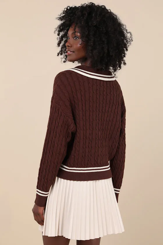 Posh Expert Brown Cable Knit Pullover Varsity Sweater sold by Lulus product image thumbnail 2