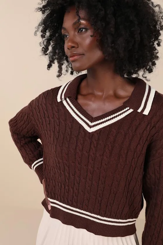 Posh Expert Brown Cable Knit Pullover Varsity Sweater sold by Lulus product image thumbnail 4